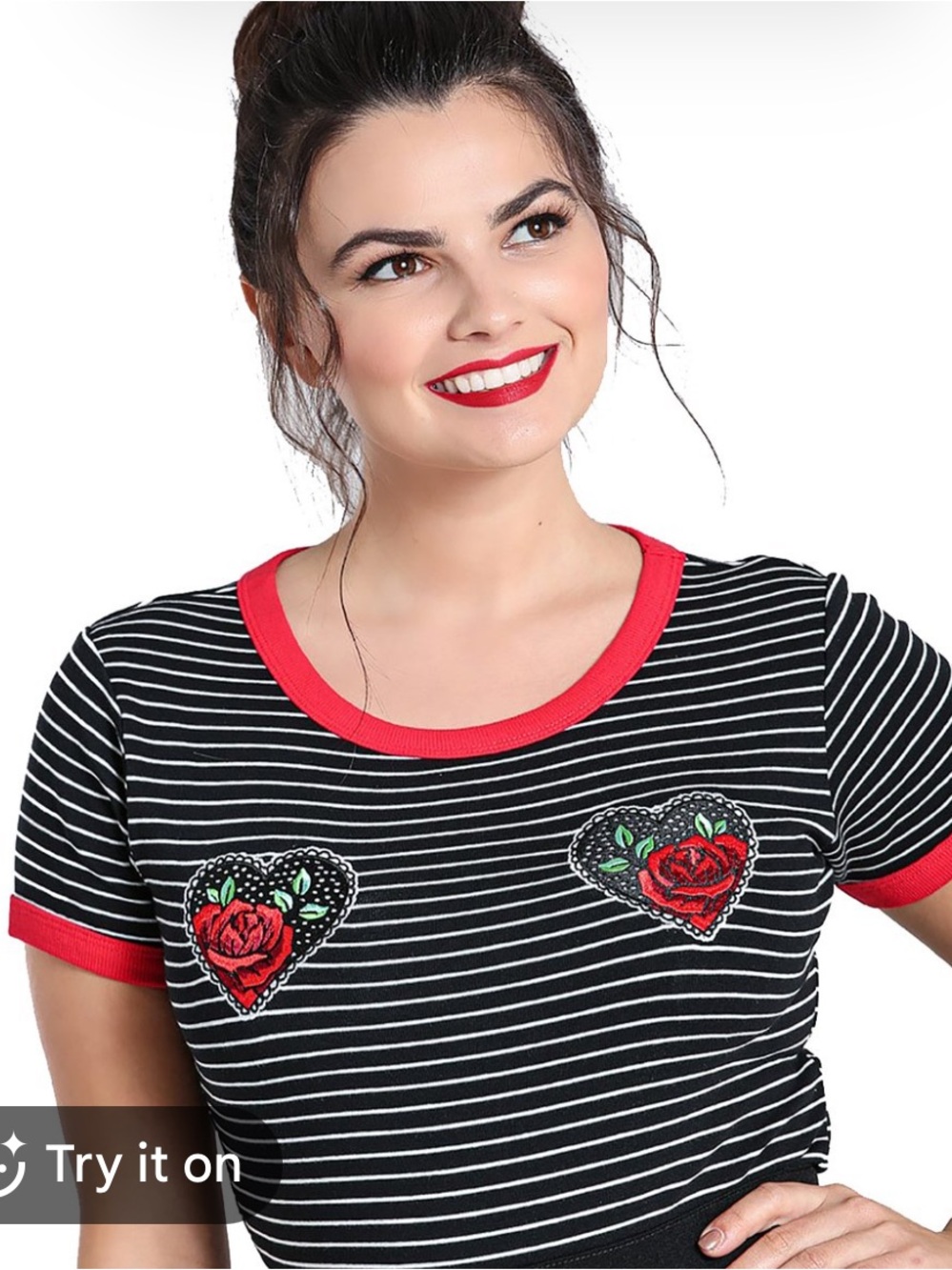 Hell Bunny Rose Heart Crewneck Striped Shirt with strategically placed hearts 5X